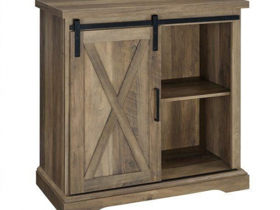 Pemberly Row 32" Farmhouse Sliding Barn Door Wood Accent Chest in Rustic Oak
