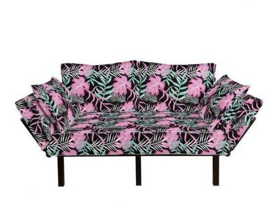Tropical Futon Couch, Pastel Exotic Foliage Contemporary Contrast Jungle Rainforest, Daybed