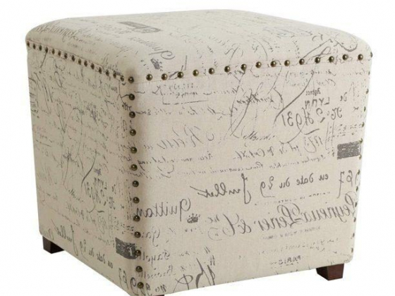 Adeco FT0271 Fabric Script Pattern Cube Square Storage Cubic Footstool with Solid Wood Legs