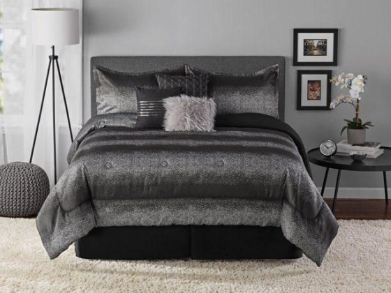 Mainstays 7 Piece Ombre Metallic Stripe Comforter Set, Full Queen, Black and Silver