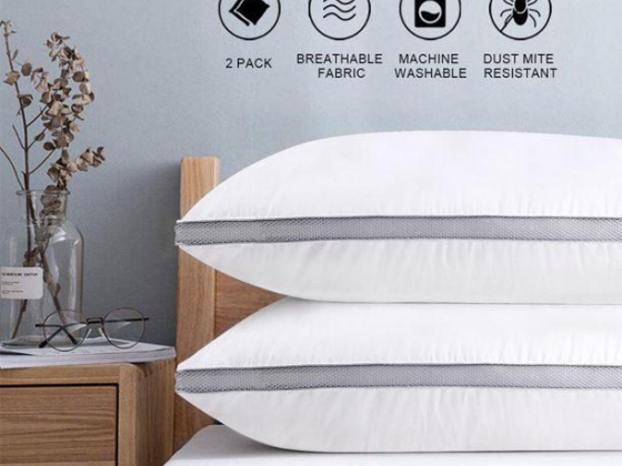 2 Pack Overstuffed Cotton Gusseted Hypoallergenic Down Alternative Pillow, Queen Size Bed Pillow