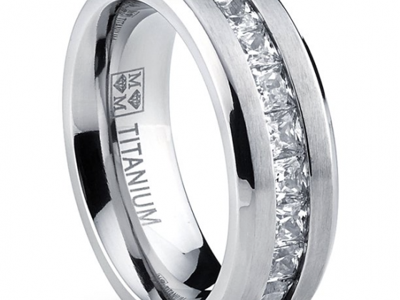 Titanium Men's Wedding Band Engagement Ring with 9 large Princess Cut Cubic Zirconia