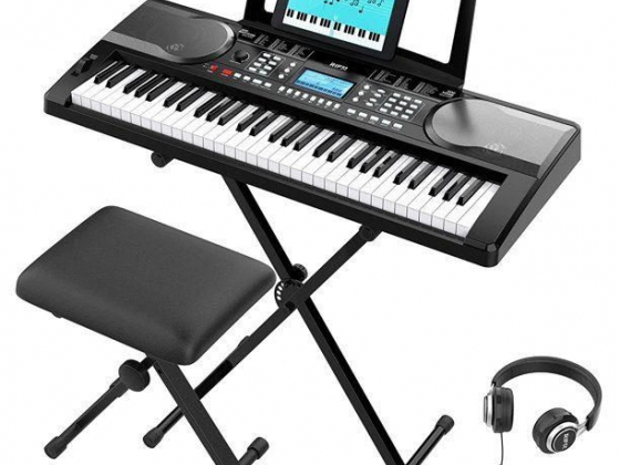 RIF6 Electric 61 Key Piano Keyboard - with Over Ear Headphones, Music Stand, Digital LCD Display