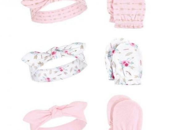 Little Treasure Baby Girl Headband and Scratch Mittens, 6-Piece Set