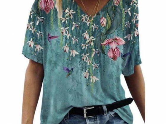 Enwejyy Women Sundress Casual Floral Print V-Neck Short Sleeve Loose Blouse T-Shirt Top