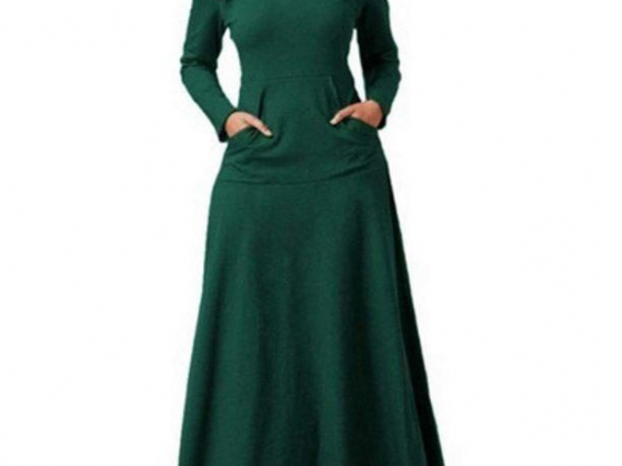 KZKR Women Long Dress Solid Splicing Pockets Dress Evening Cocktail Party Long Skirts Green