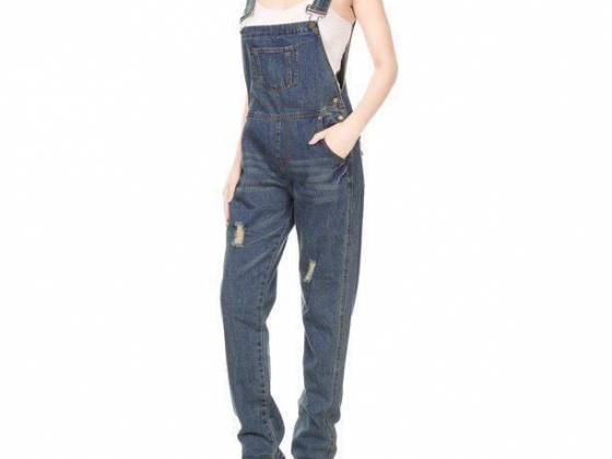Fashion Womens Distressed Denim Overalls with Tapered Leg and Pockets Jumpsuit Pants