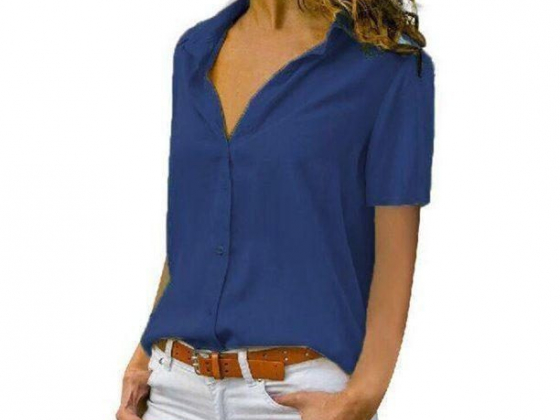 Summer Short Sleeve Button Up Shirts for Women Casual Plain Lapel Neck Tunic Blouse Fashion Work Off