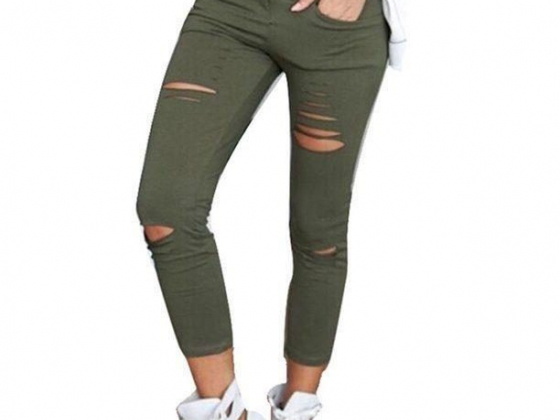 Women Fashion Skinny Ripped Holes Jeans Pants High Waist Stretch Slim Pencil Trousers