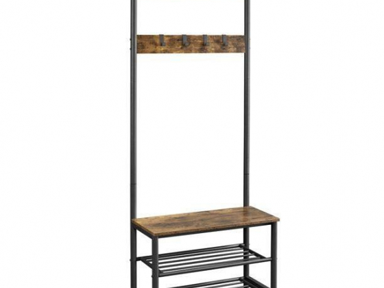 Alden Design 73" Metal Hall Tree with Shoe Storage Bench, Rustic Brown