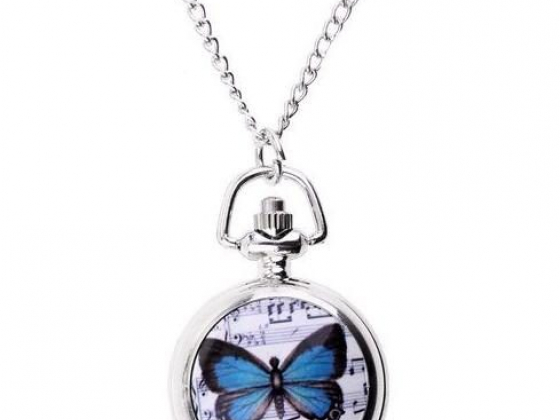 Women's Girl's Beautiful Butterfly Silver Alloy Quartz Chain Pocket Watch