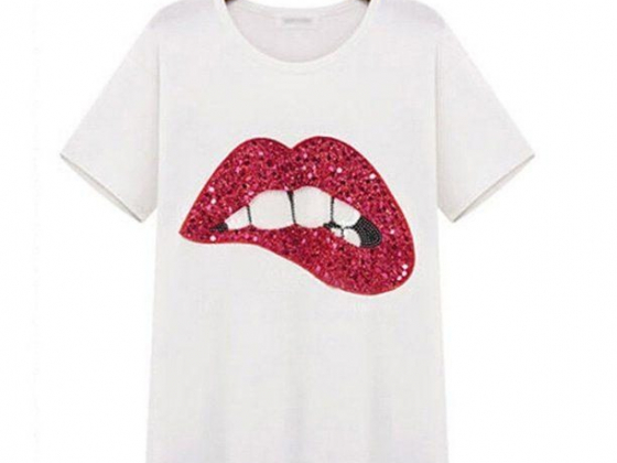 JEFFENLY Women Sequin Lips Print Blouses Ladies Girls Short Sleeve T-Shirt Casual Tee Top