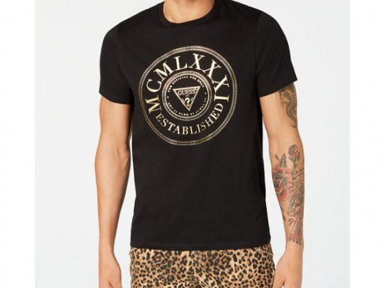 Guess Men's Metallic Crest Logo Graphic T-Shirt, XL, Black