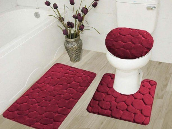 3-PC ROCK Burgundy HIGH QUALITY Jacquard Bathroom Bath Rug Set Washable Anti Slip Rug 18"x28", Conto