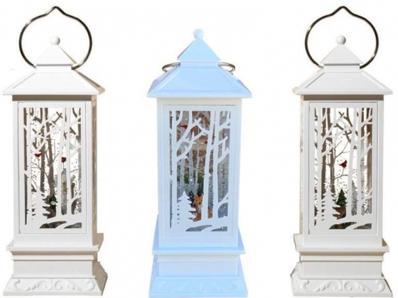 10" Lighted White Winter Scene Spinning Water Globe Lantern with Cardinals