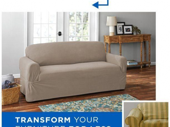 Mainstays Pixel 1-Piece Stretch Loveseat Slipcover, Sand