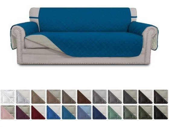 Easy-Going Reversible Sofa Slipcover Water Resistant Couch Cover, Sofa Size, Peacock Blue/Beige