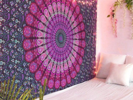 Purple and Pink Peacock Mandala Tapestry Twin Size Boho Beach Throw Dorm Room Indian Wall Hanging Ar