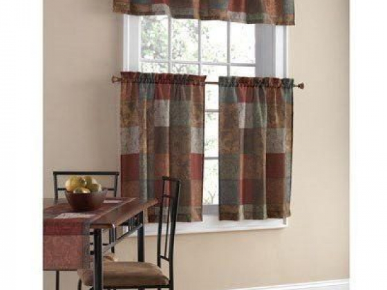 Mainstays Polyester Print Light Filtering Rod Pocket Kitchen Curtain Tier and Valance, Set of 3, Mul