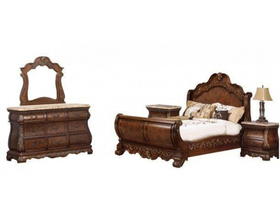 Cherry Finish Wood Queen Bedroom Set 5Pcs Traditional Cosmos Furniture Cleopatra