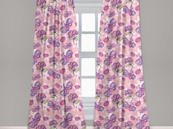Floral Curtains 2 Panels Set, Butterflies Flowers Cartoon Kids Girls Baby Playroom Nursery Theme