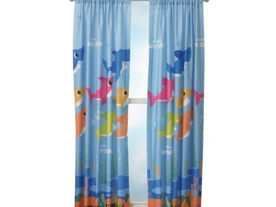 Baby Shark Kids Bedroom Microfiber Window Curtain Set, 2 Panels, 63" Length, Blue