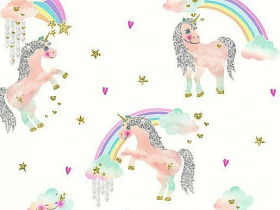 Imagine Fun Rainbow Unicorn Wallpaper in White