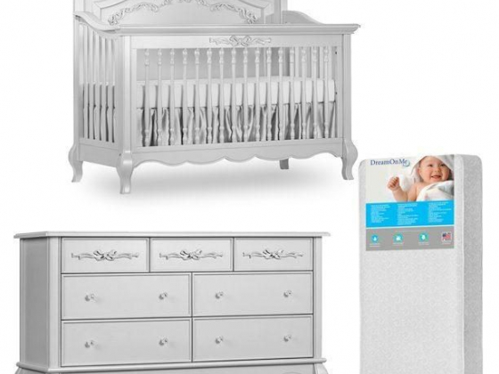 evolur Aurora 5-in-1 Convertible Crib and Double Dresser in Akoya Grey Pearl with FREE 260 Coil Crib