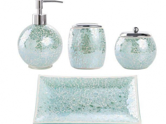 Bathroom Accessories Set, 4-Piece Glass Mosaic Bath Accessory Completes with Lotion Dispenser/Soap