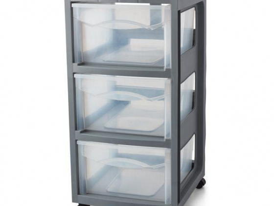 Mainstays Rolling Three-Drawer Storage Organizer Cart, Gray / Clear