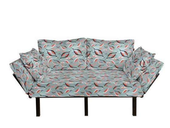 Heron Futon Couch, Abstract Birds Design Pattern with Leaves, Daybed with Metal Frame Upholstered