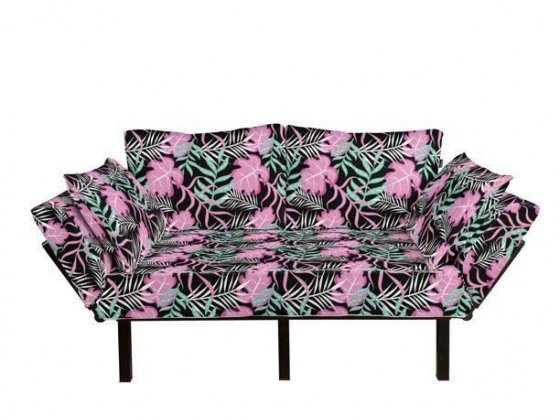 Tropical Futon Couch, Pastel Exotic Foliage Contemporary Contrast Jungle Rainforest, Daybed