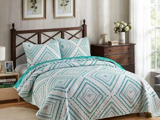 3 Piece Quilt Set,Queen Size 88"x92",Soft Microfiber Bedspread ,Green Diamond Printed