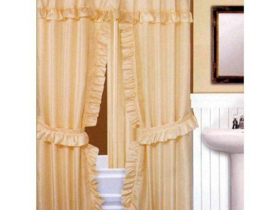 DOUBLE SWAG FABRIC SHOWER CURTAIN, VINYL LINER, SHOWER RINGS, DOBBY DOT DESIGN, BEIGE