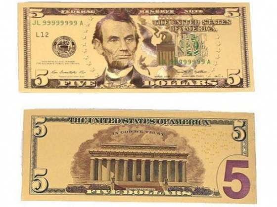 5 Dollar Commemorative Collectible Premium Replica Paper Money Bill 24k Gold Plated Fake Currency