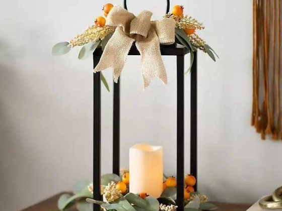 Orange and Eucalyptus Pre-Lit LED Metal Lantern