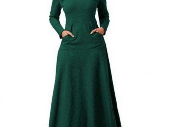 KZKR Women Long Dress Solid Splicing Pockets Dress Evening Cocktail Party Long Skirts Green