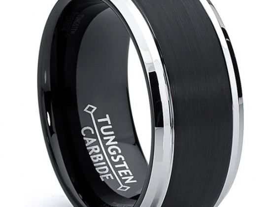 Men's Two-Tone Tungsten Ring Black Brushed Wedding Band 9MM Sizes 7-15