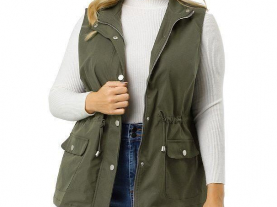 Agnes Orinda Women's Plus Cargo Pocket Drawstring Waist Jacket Vest