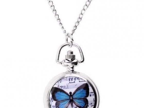 Women's Girl's Beautiful Butterfly Silver Alloy Quartz Chain Pocket Watch