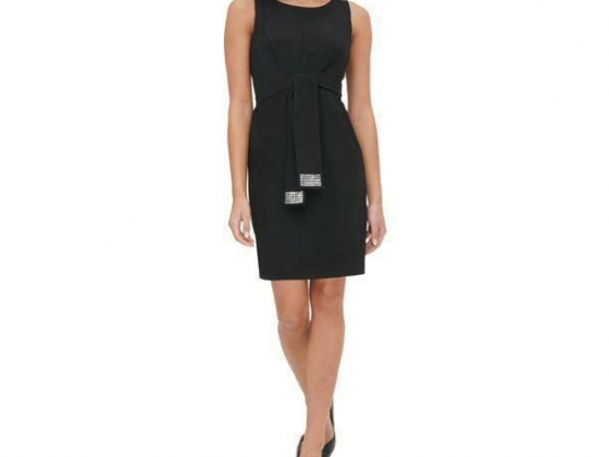 TOMMY HILFIGER Womens Black Embellished Sleeveless Jewel Neck Above The Knee Sheath Evening Dress Si