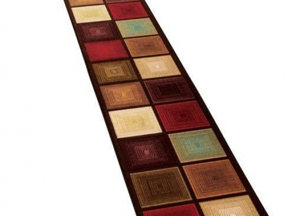 Optic Squares Runner Rug in Deep, Rich Hues - Skid-Resistant Backing Perfect for Hallway