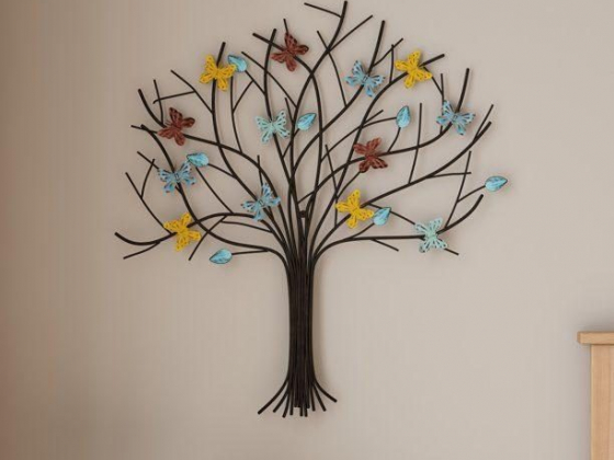 Tree of Life Butterfly Metal Wall Art- Hand Painted Decorative 3D Butterflies/Leaves for Modern Farm