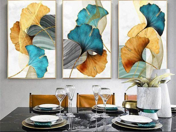 Windfall Abstract Wall Art Painting Blue Green Yellow Gold Plant Leaf Canvas Print Wall Artwork Pict