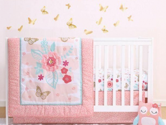 The Peanutshell, Aflutter Butterfly Floral Crib Bedding Set for Baby Girls, 3 Piece Pink Nursery Bed