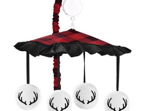 Woodland Buffalo Plaid Boy Baby Nursery Musical Crib Mobile by Sweet Jojo Designs - Red and Black